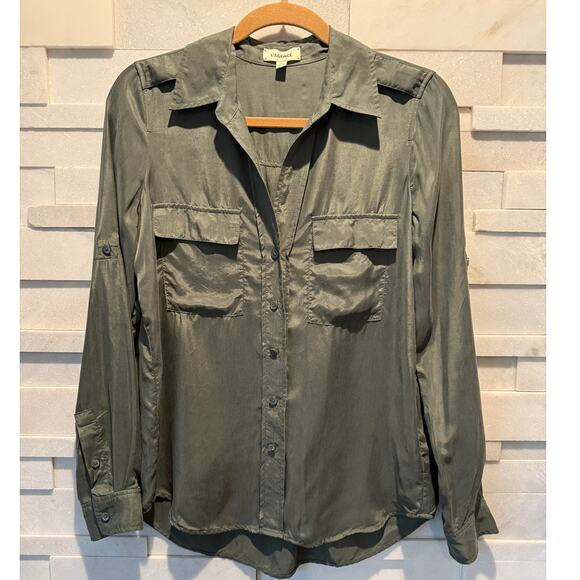 L'AGENCE 100% Cupro Long Sleeve Button Front Collar Blouse Shirt Olive Green XS - Picture 1 of 6